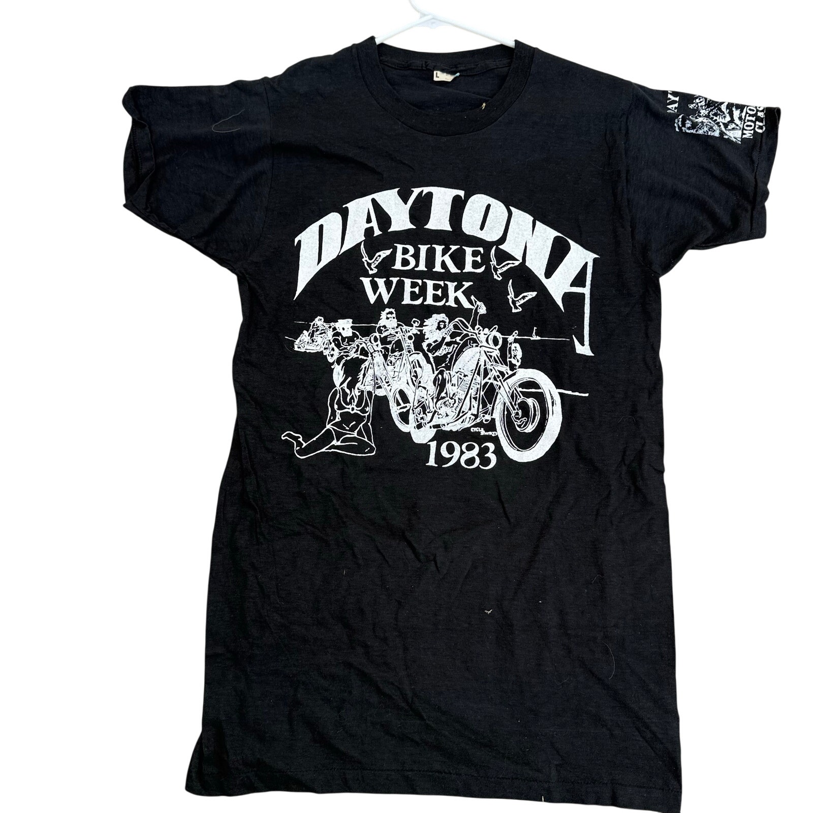 Vtg 1983 Daytona Bike Week I Survived Black Graphic TShirt Short Sleeve Sz L